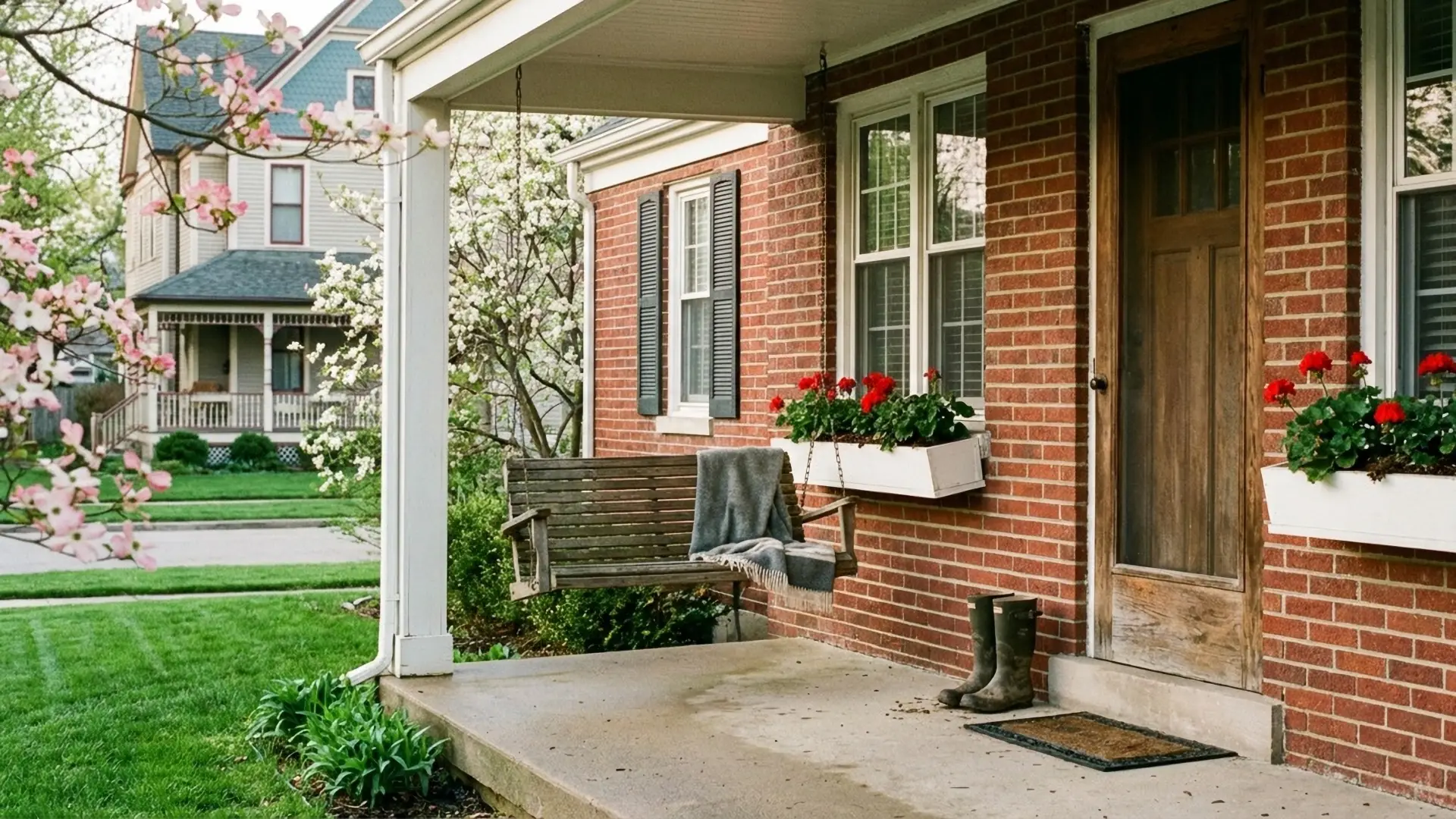 Front porch swing with geranium window boxes on a spring morning in the Fox River Valley
