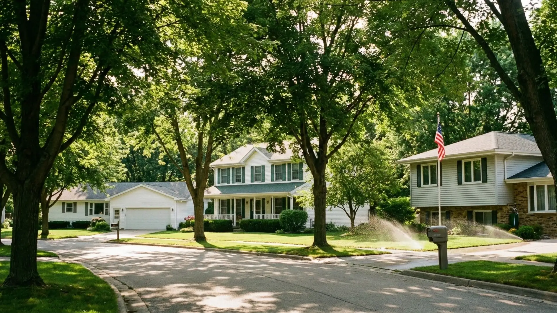 Tree-lined residential street with sprinklers on a summer afternoon