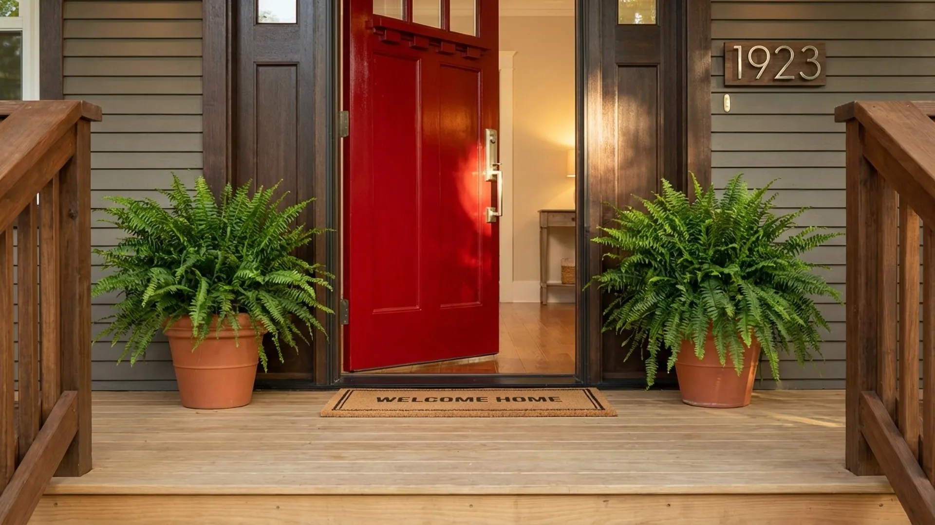 Open red front door with welcome mat and potted ferns on a craftsman porch — VanEtten Appraisal contact