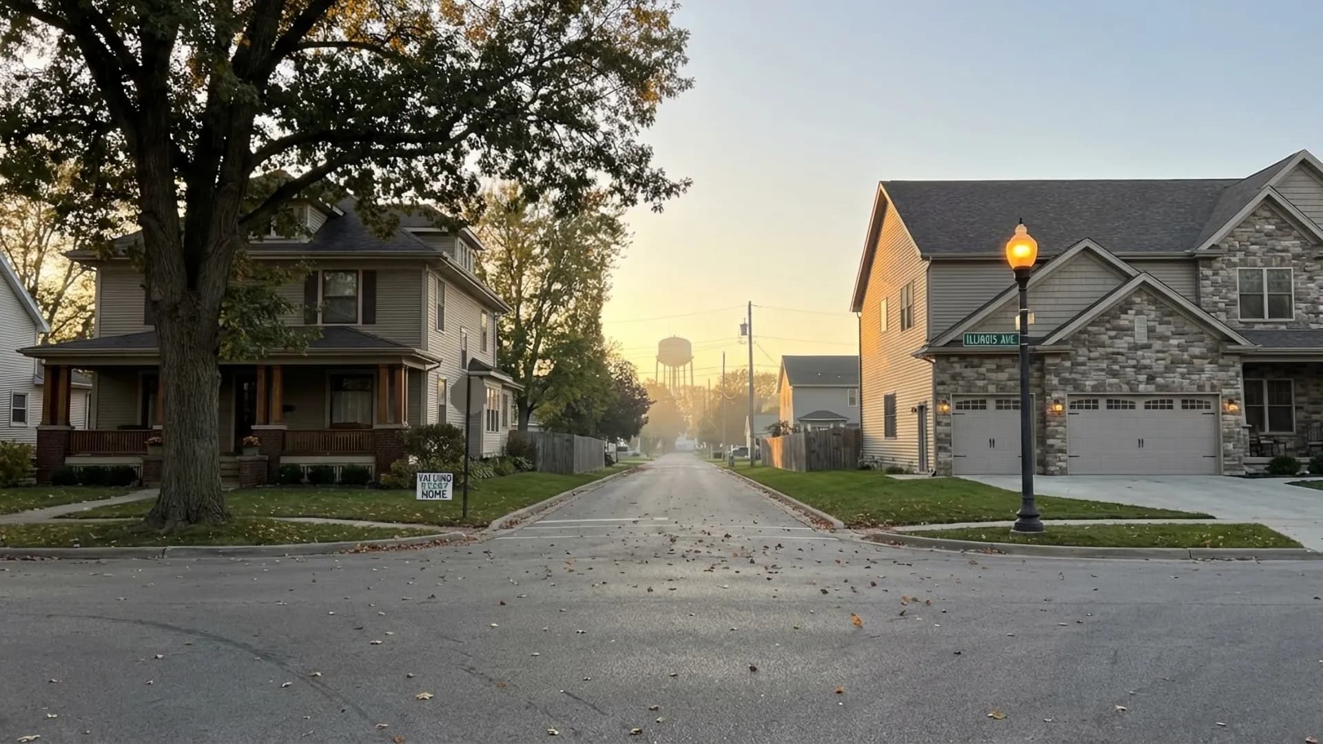 Quiet northern Illinois residential street at dusk with homes old and new — VanEtten Appraisal