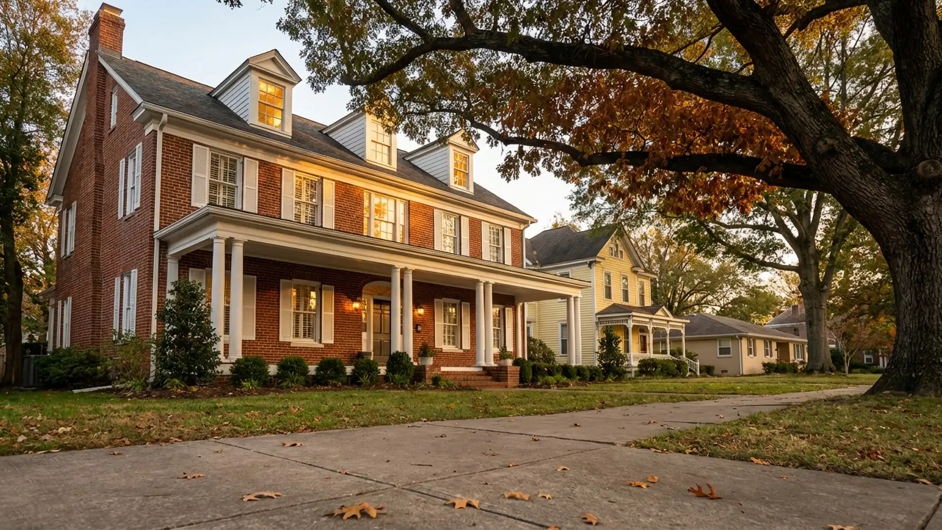 Stately brick colonial home with front porch lights glowing at golden hour — VanEtten Appraisal reviews