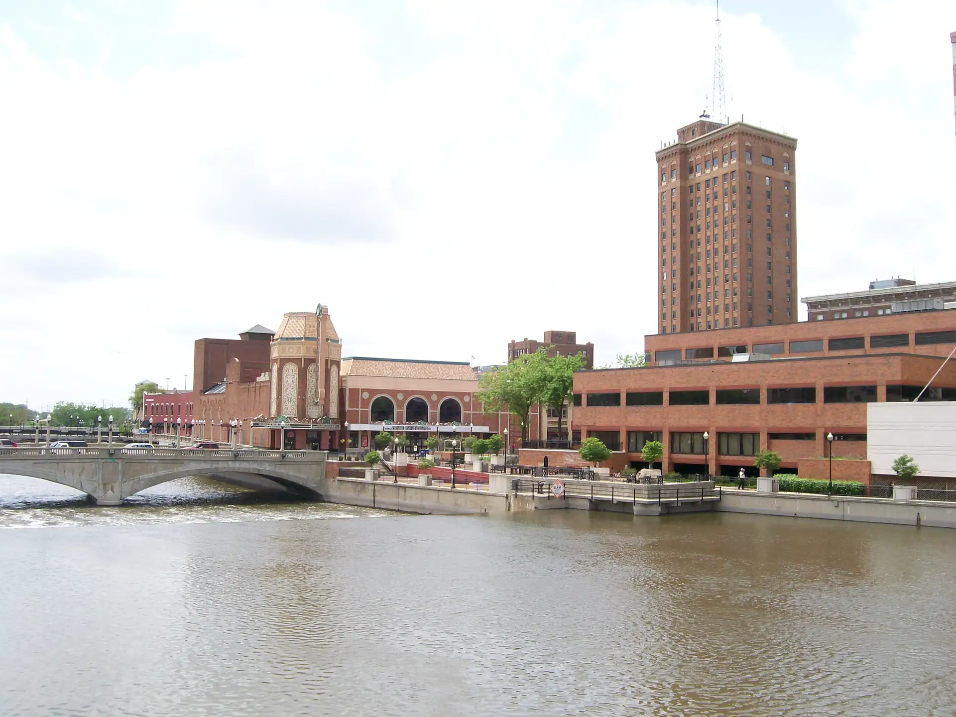 Fox River, Paramount Theatre, Civic Center, and Leland Tower as seen from Stolp Island in downtown Aurora, Illinois