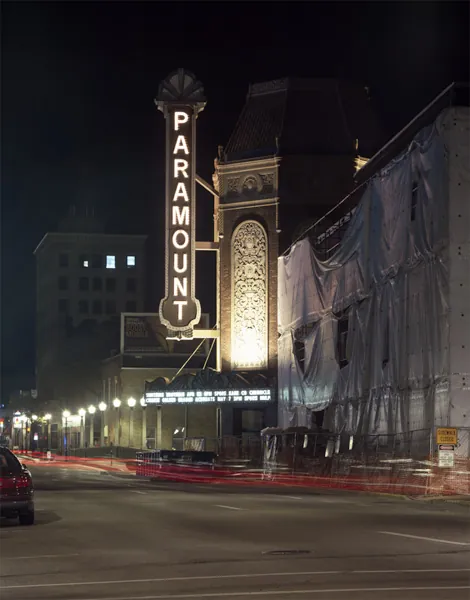 Front facade of the historic Paramount Theatre on Galena Boulevard in downtown Aurora, Illinois