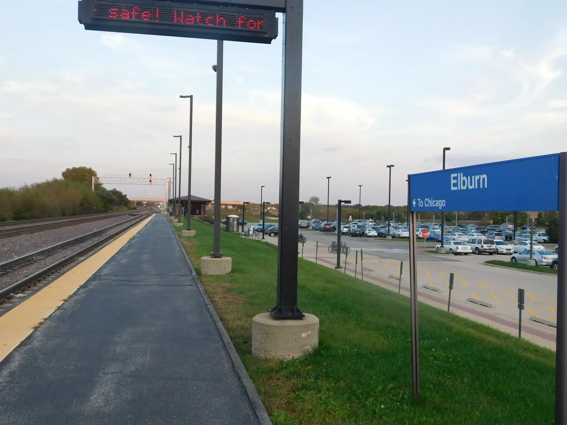 Elburn Metra UP-West Line terminus station parking lot and platform, Elburn, IL
