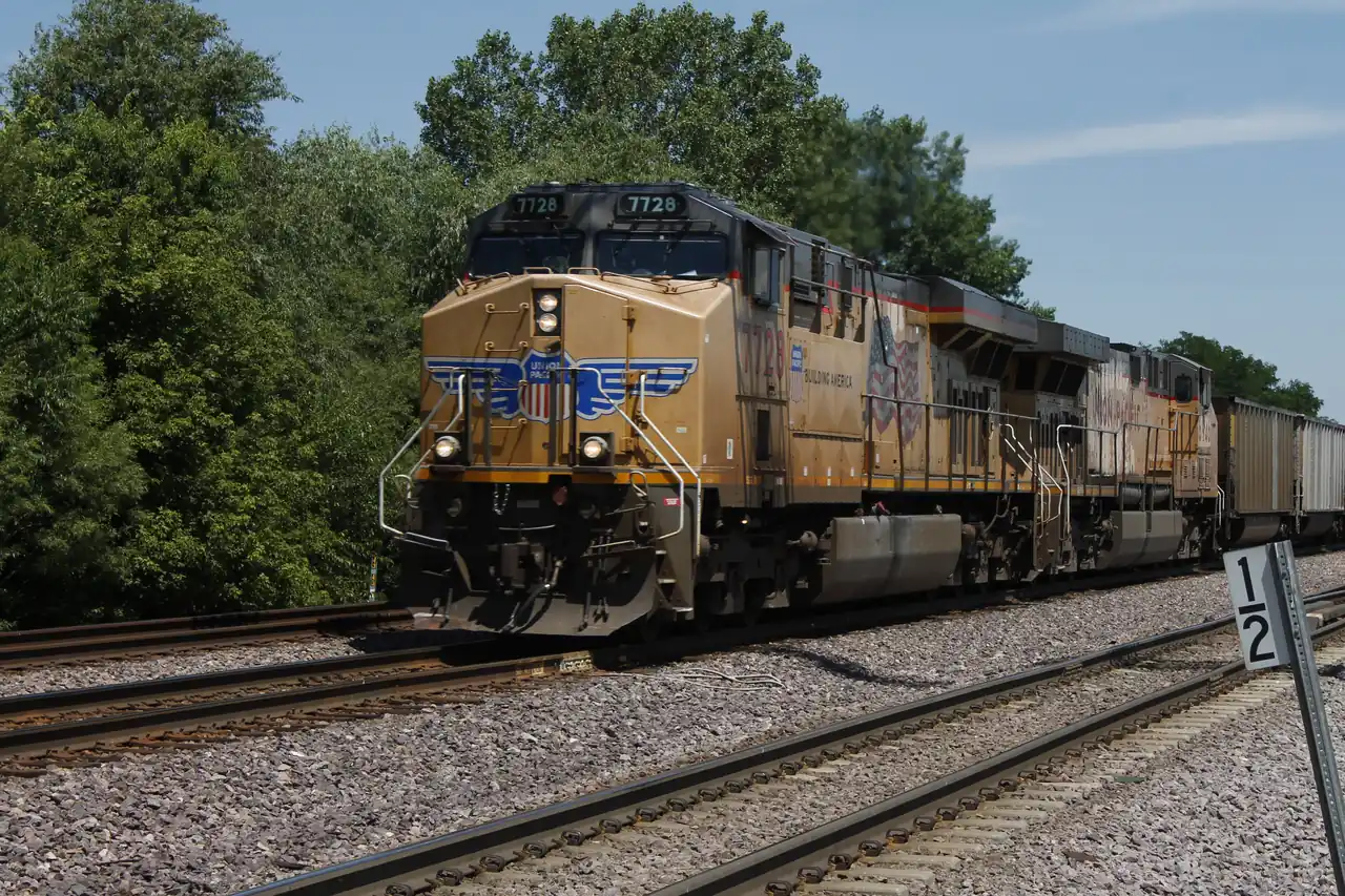 Union Pacific freight locomotive passing through Elburn, Illinois on the Geneva Subdivision mainline