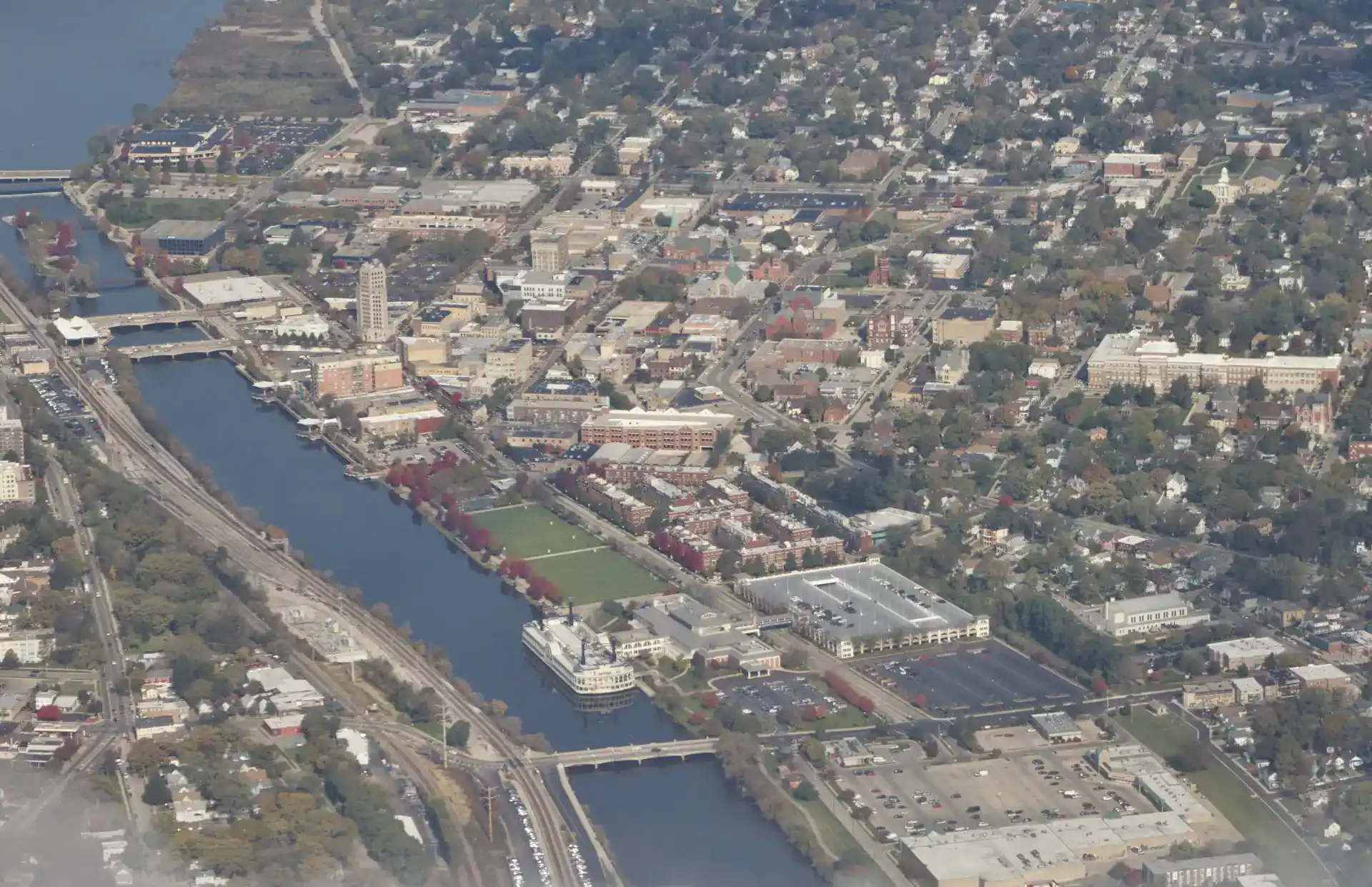 Aerial view of downtown Elgin, Illinois along the Fox River