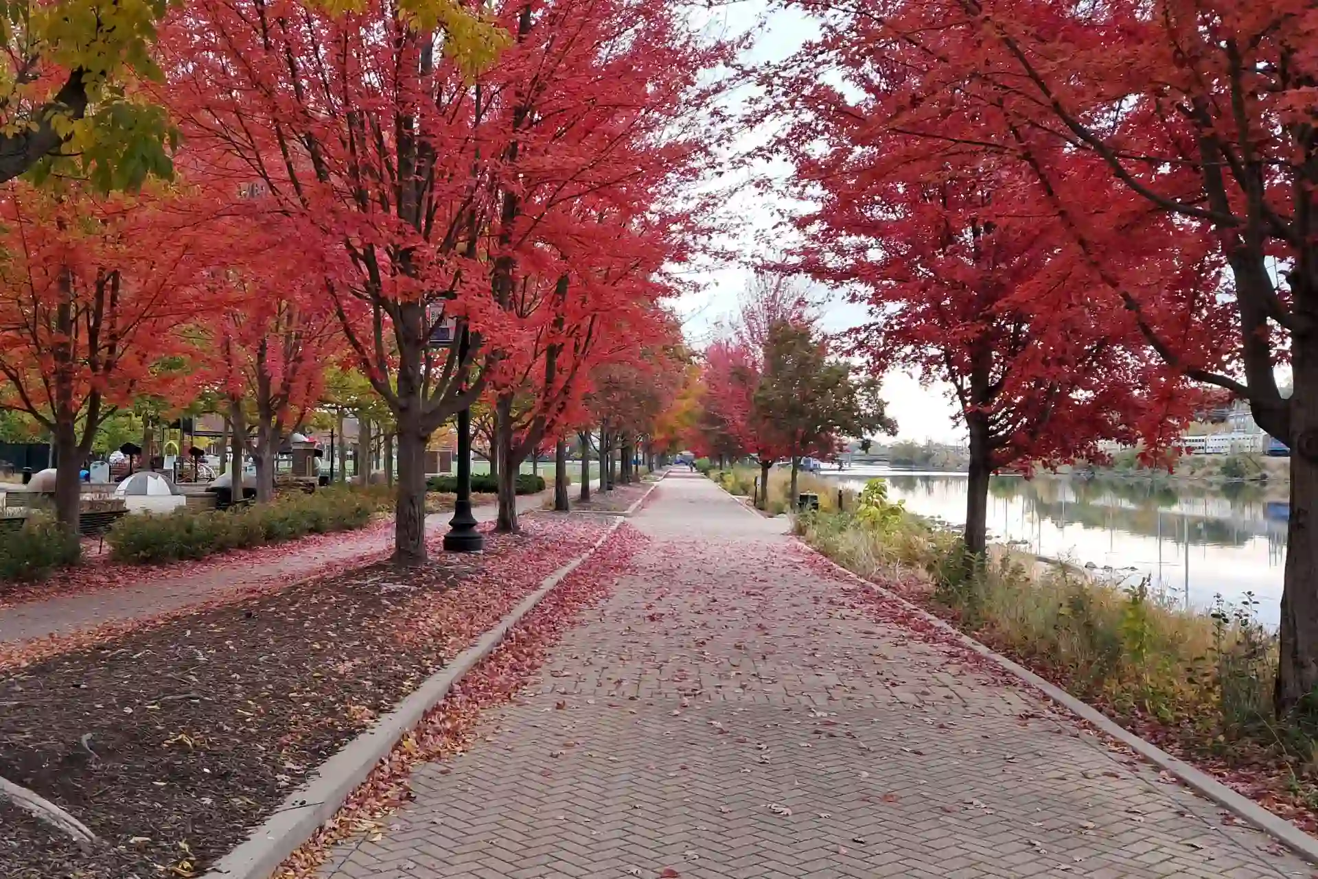 Fox River Trail along the riverbank in Elgin, Illinois