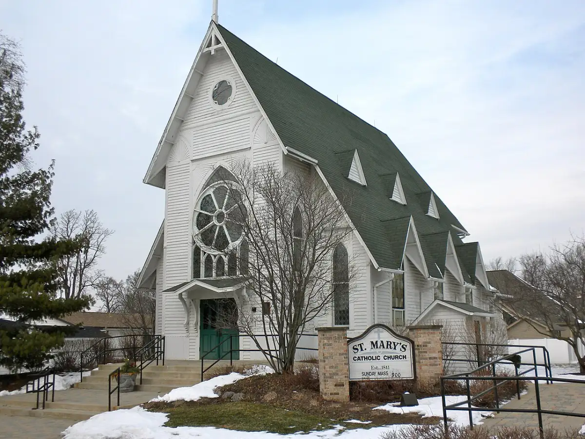 Exterior of historic Saint Mary's Church in Gilberts, Illinois