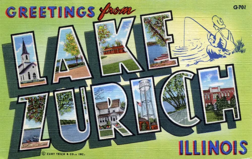 Vintage 'Greetings from Lake Zurich, Illinois' postcard circa 1950