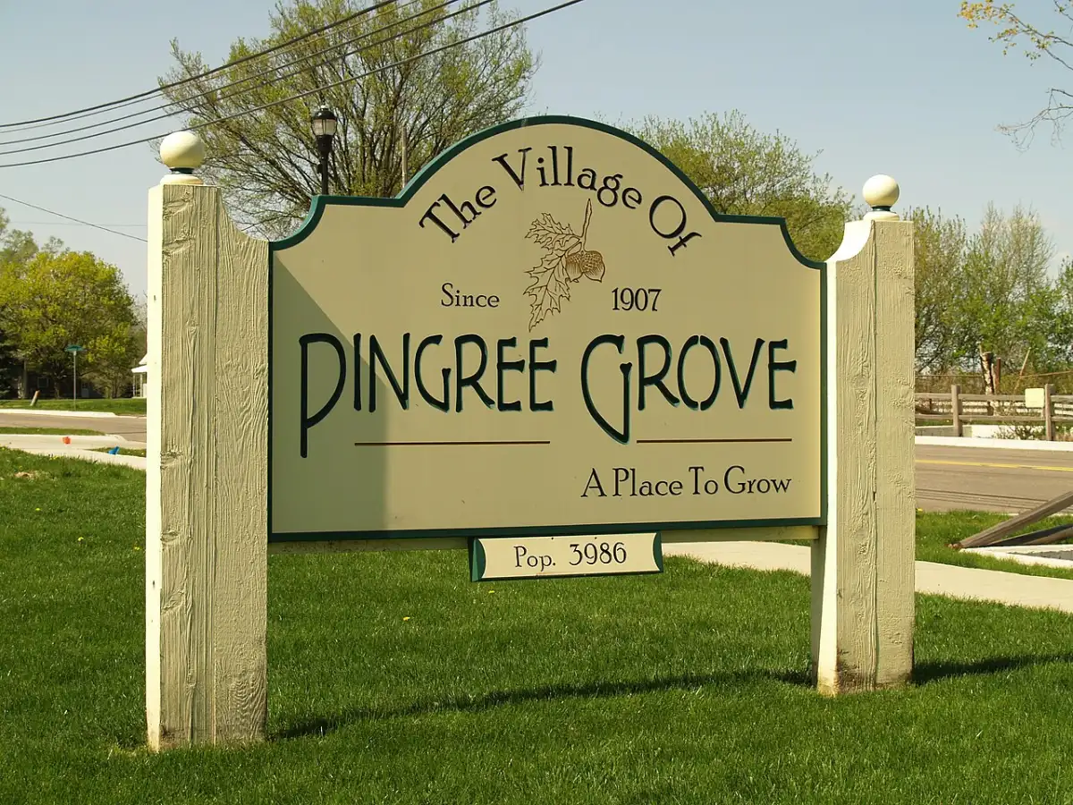Welcome sign for Pingree Grove, Illinois