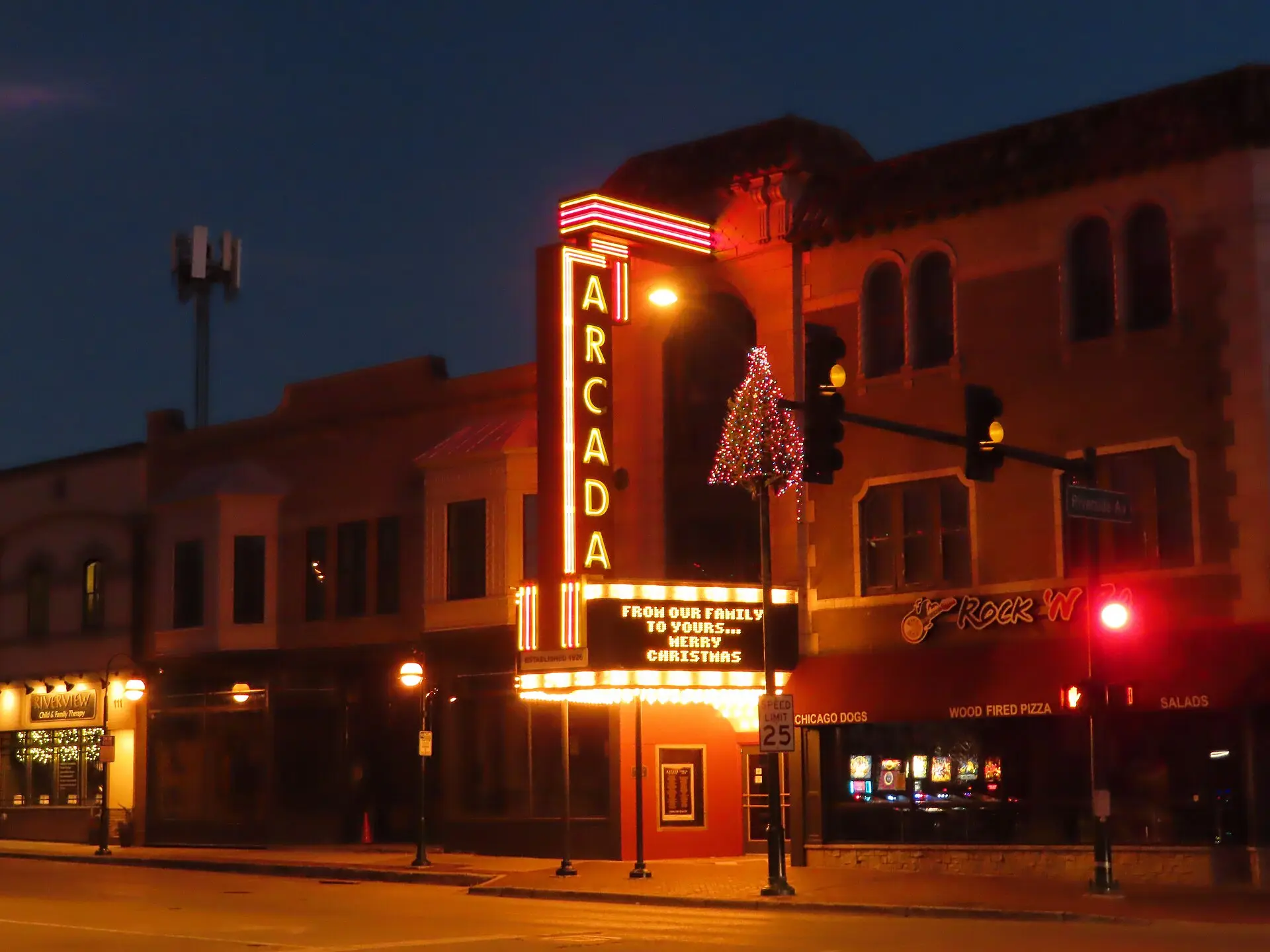 Arcada Theater at night in St. Charles, Illinois