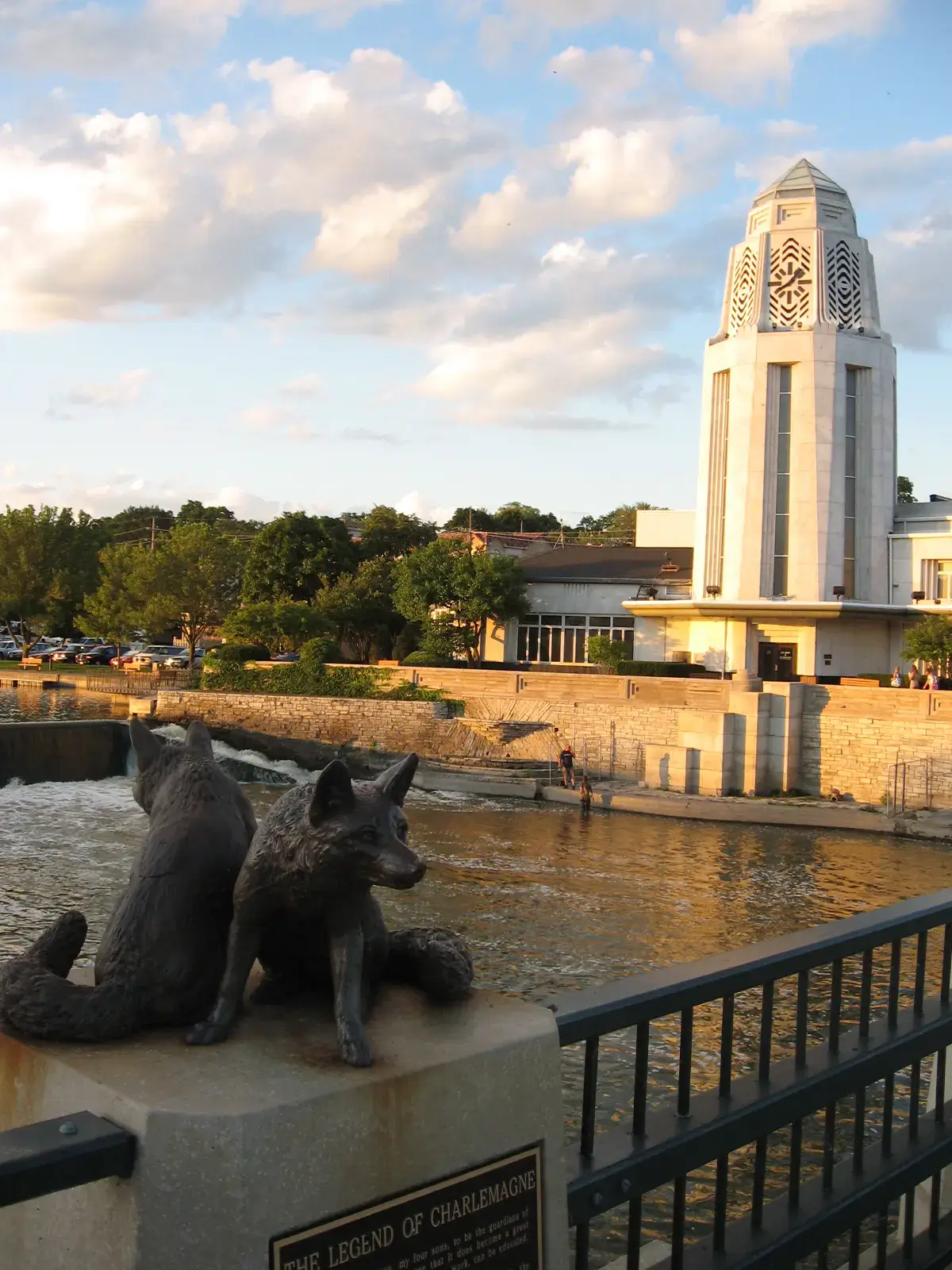 Fox River and City Hall viewed from Main Street bridge in St. Charles, Illinois