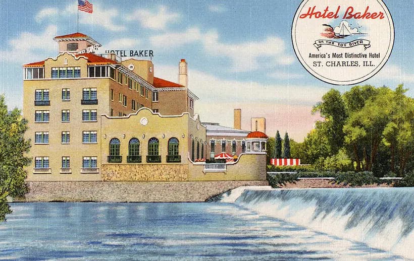 Vintage postcard of Hotel Baker on the Fox River in St. Charles, Illinois