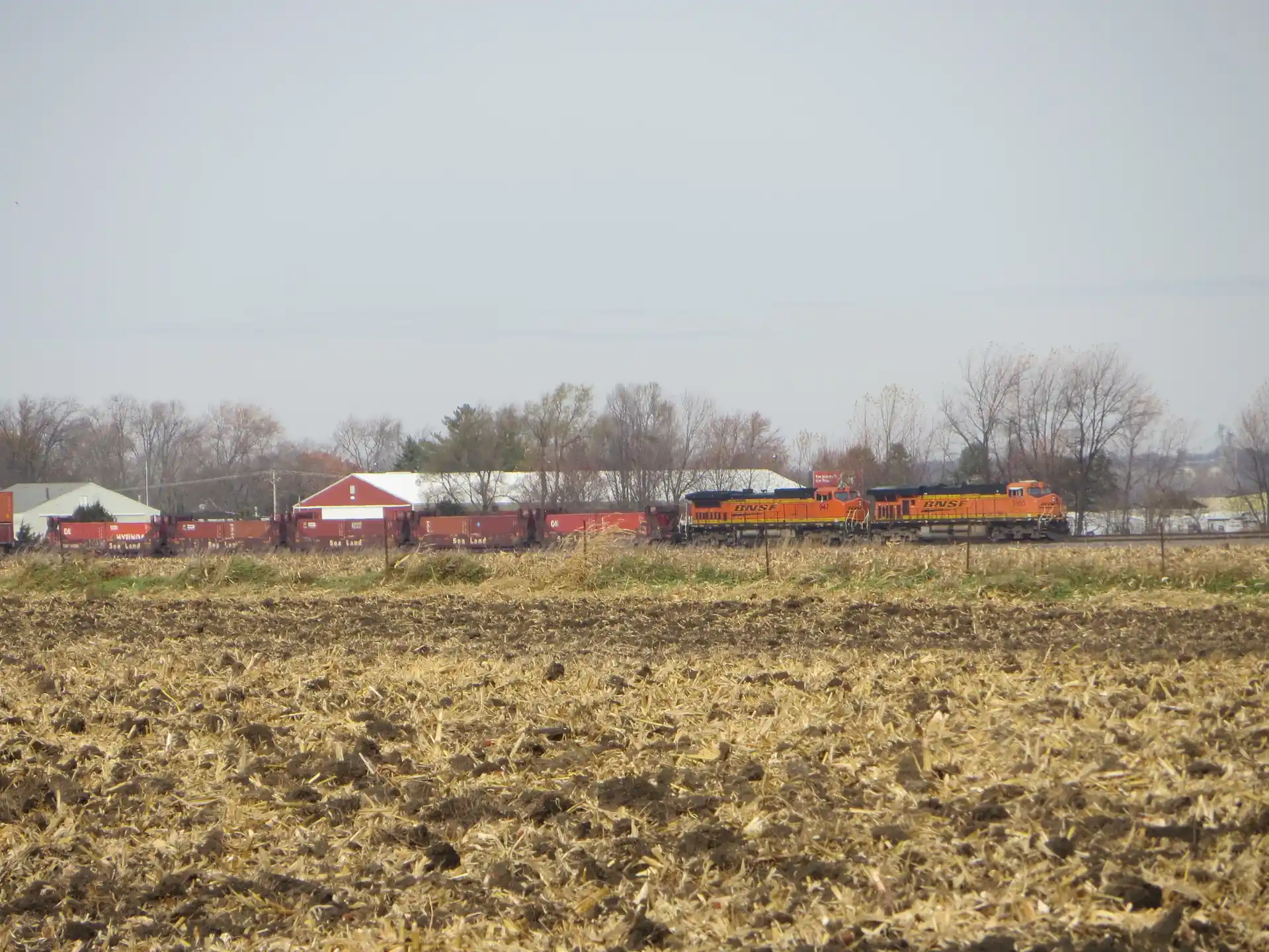BNSF freight train near Sugar Grove, Illinois in November 2014, showing rural landscape