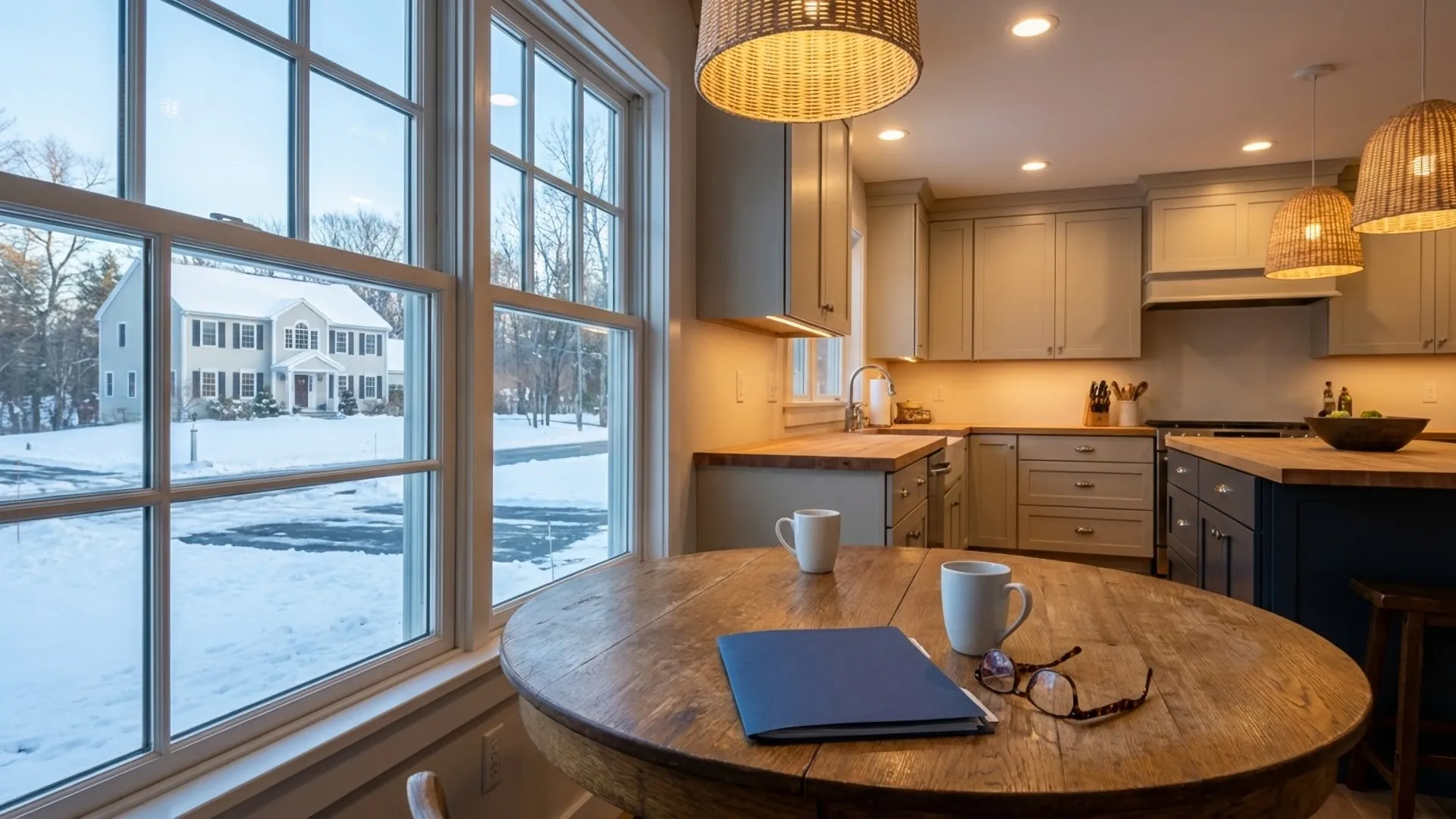 Kitchen table with coffee mugs and appraisal folder on a winter morning