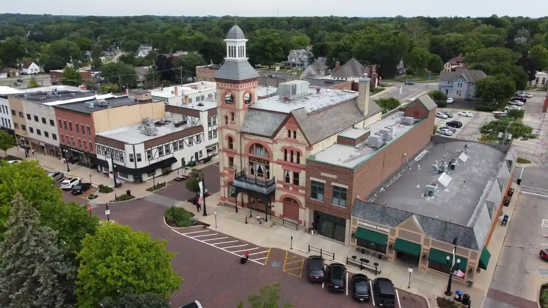Aerial view of the Woodstock Square historic district in Woodstock, Illinois