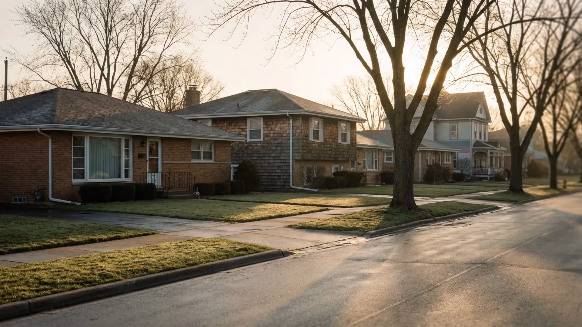 Residential street in northern Illinois at golden hour with mixed homes and mature trees — VanEtten Appraisal