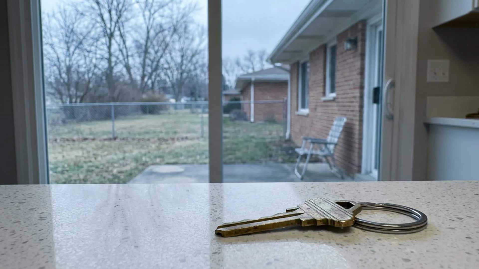 Single house key on a kitchen counter with a modest ranch home visible through the window
